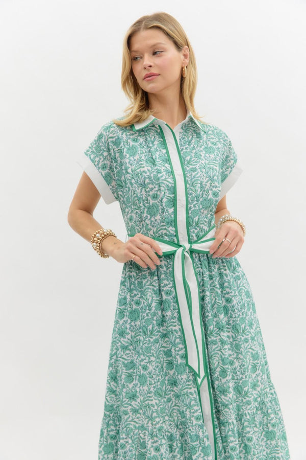 Green Floral Print Midi Dress
