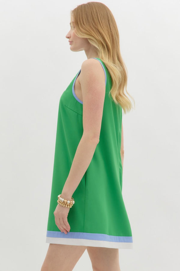 Green Square Neck Sleeveless Shift Mini Dress