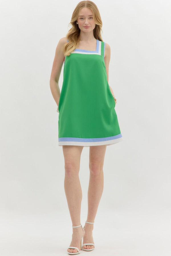 Green Square Neck Sleeveless Shift Mini Dress