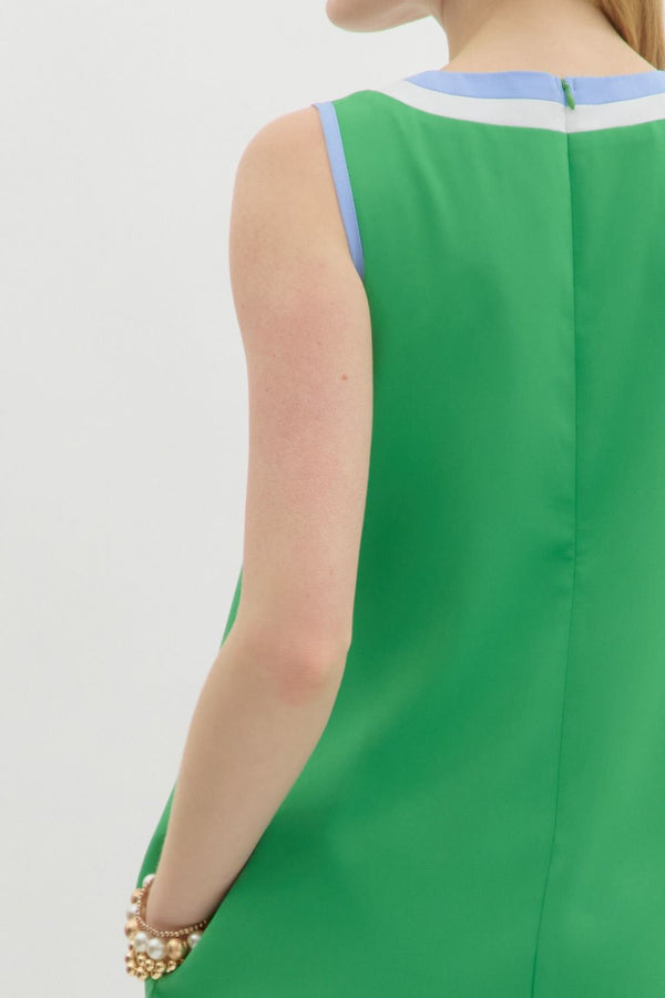 Green Square Neck Sleeveless Shift Mini Dress