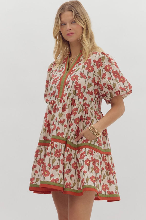 Rust Floral Print Bubble Sleeve Tiered Mini Dress