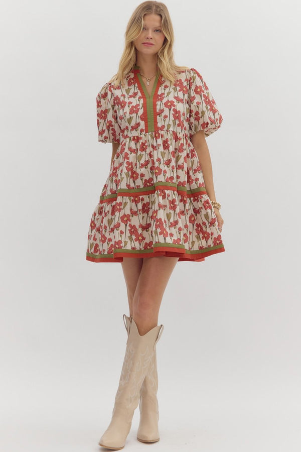 Rust Floral Print Bubble Sleeve Tiered Mini Dress