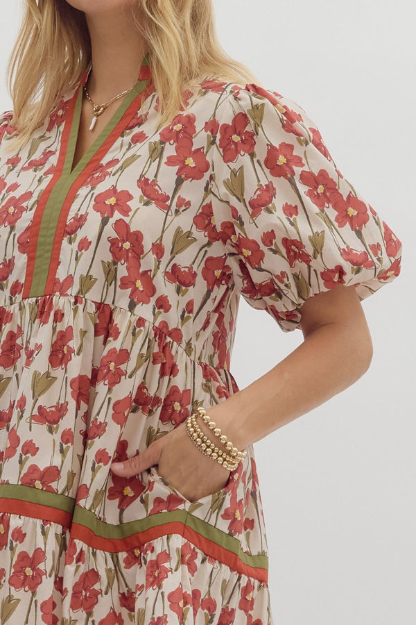 Rust Floral Print Bubble Sleeve Tiered Mini Dress