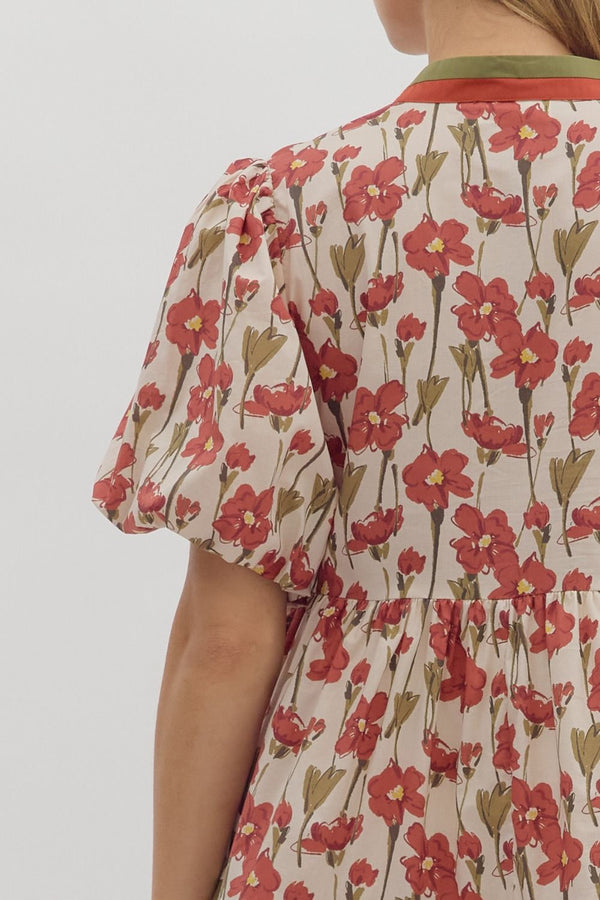 Rust Floral Print Bubble Sleeve Tiered Mini Dress
