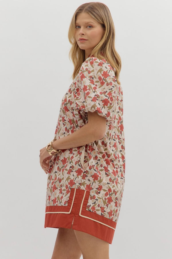 Ecru Floral Print Bubble Sleeve Contract Hem Mini Dress