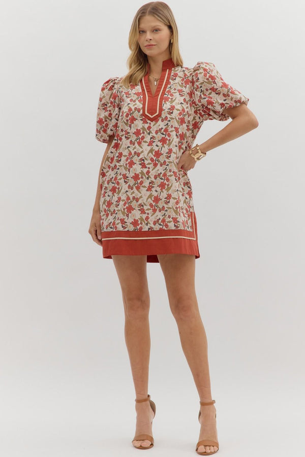 Ecru Floral Print Bubble Sleeve Contract Hem Mini Dress
