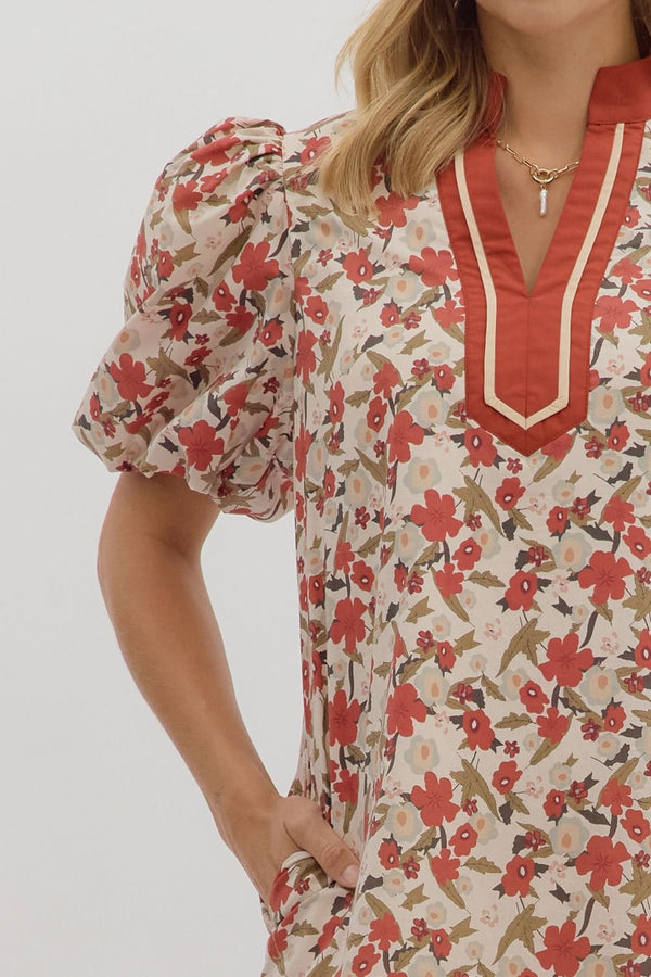Ecru Floral Print Bubble Sleeve Contract Hem Mini Dress