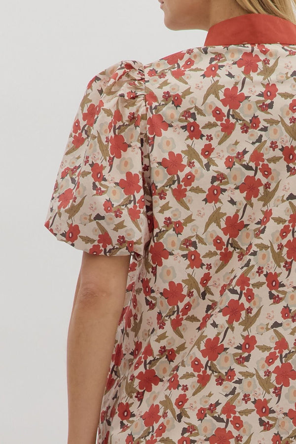 Ecru Floral Print Bubble Sleeve Contract Hem Mini Dress