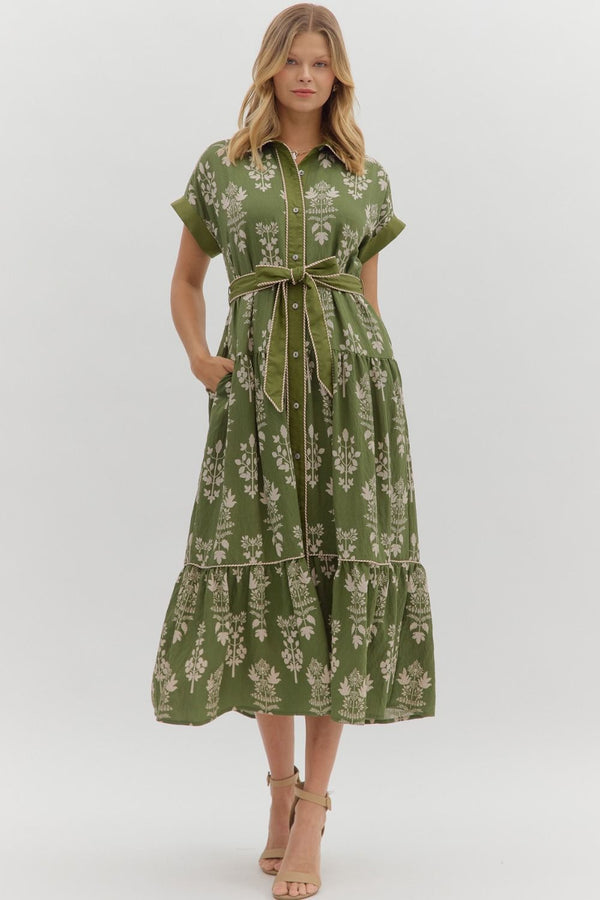 Olive Botanical Midi Dress featuring Striped Accent Piping