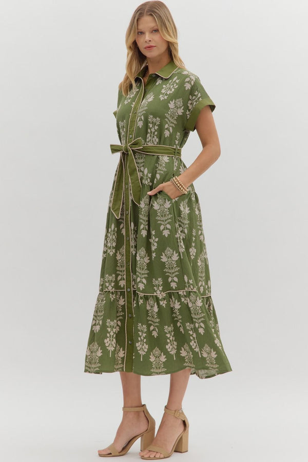 Olive Botanical Midi Dress featuring Striped Accent Piping