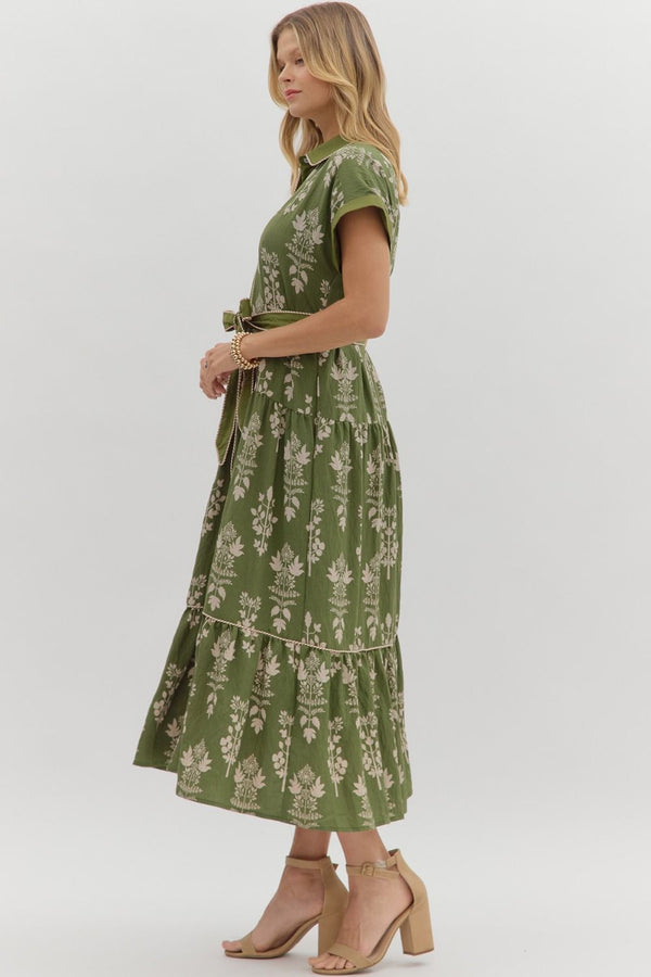 Olive Botanical Midi Dress featuring Striped Accent Piping