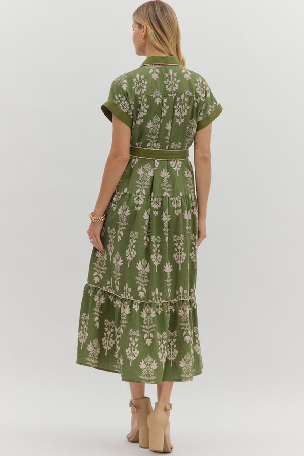 Olive Botanical Midi Dress featuring Striped Accent Piping