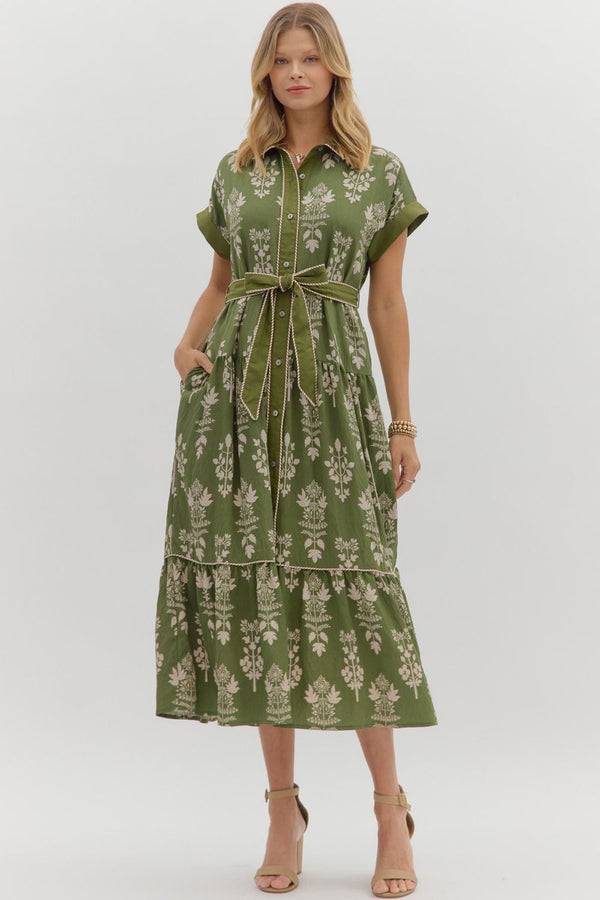 Olive Botanical Midi Dress featuring Striped Accent Piping