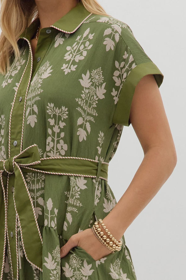 Olive Botanical Midi Dress featuring Striped Accent Piping
