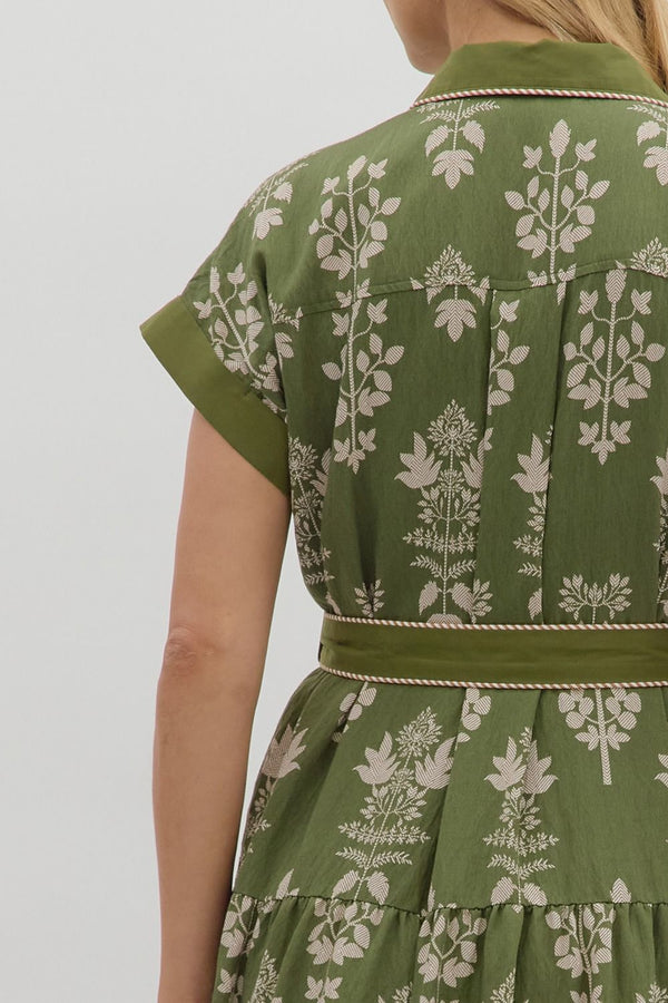 Olive Botanical Midi Dress featuring Striped Accent Piping