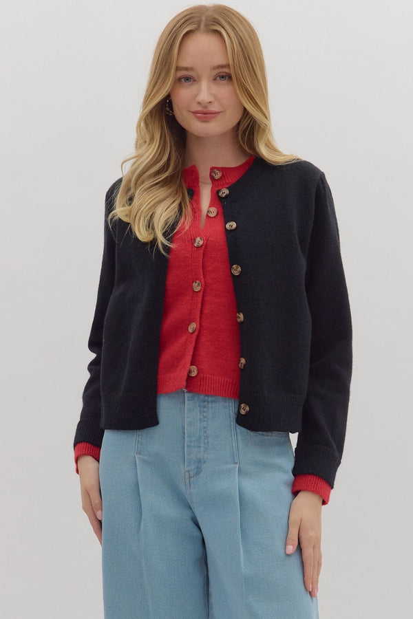 Black Knit Cardigan Jacket with Red Attached Layered Cardigan