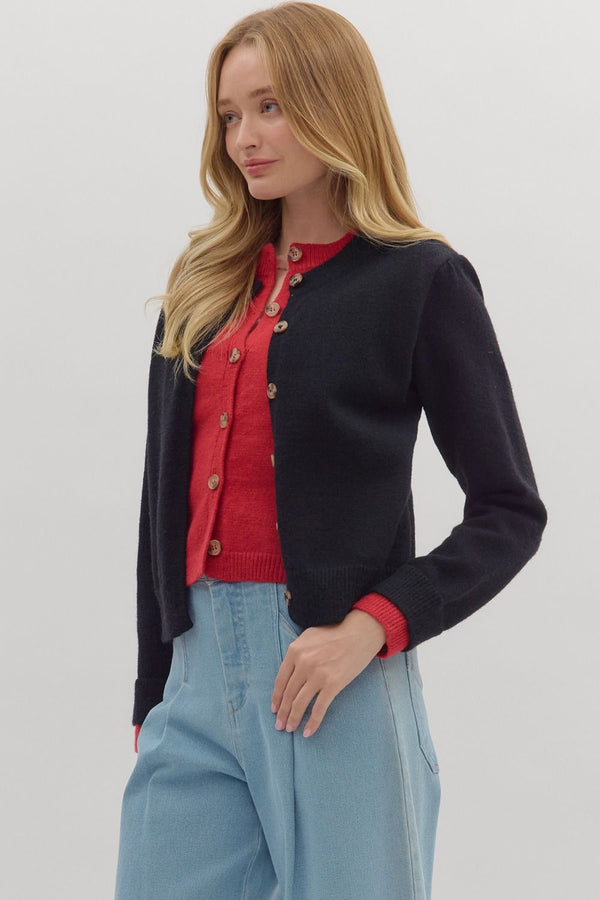 Black Knit Cardigan Jacket with Red Attached Layered Cardigan