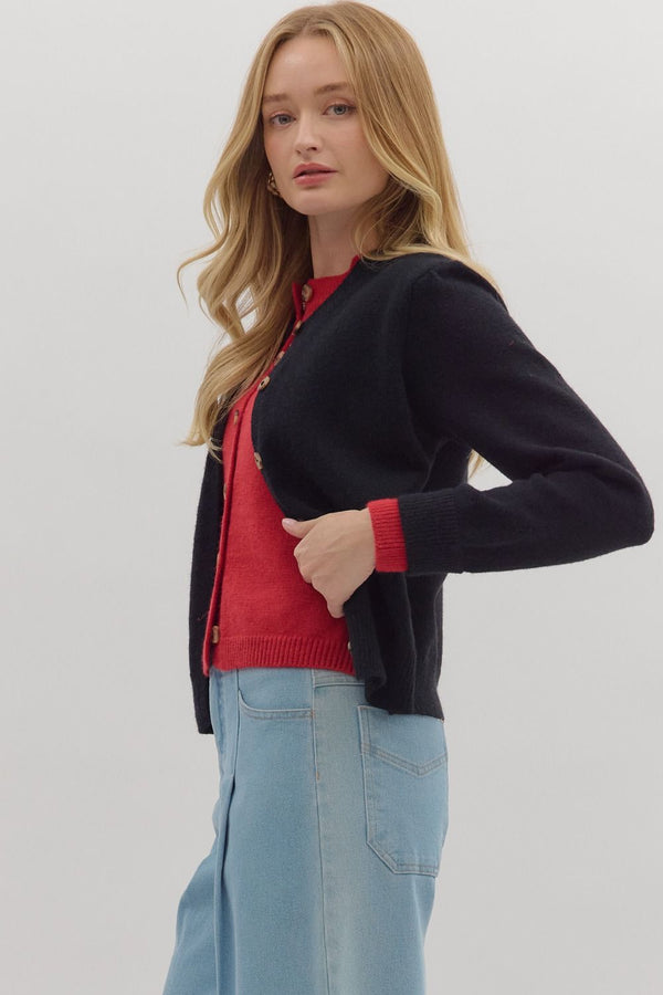 Black Knit Cardigan Jacket with Red Attached Layered Cardigan