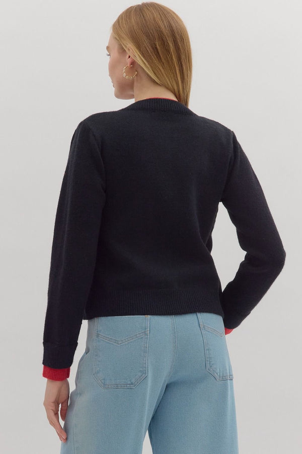 Black Knit Cardigan Jacket with Red Attached Layered Cardigan