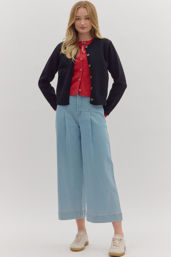 Black Knit Cardigan Jacket with Red Attached Layered Cardigan