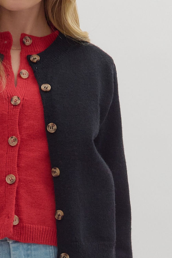 Black Knit Cardigan Jacket with Red Attached Layered Cardigan