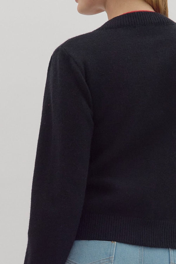 Black Knit Cardigan Jacket with Red Attached Layered Cardigan