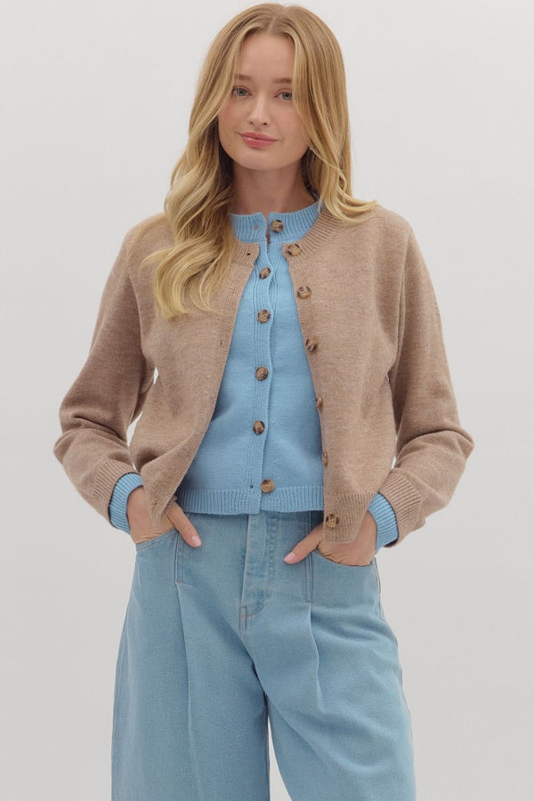 Mocha Knit Cardigan Jacket with Blue Attached Layered