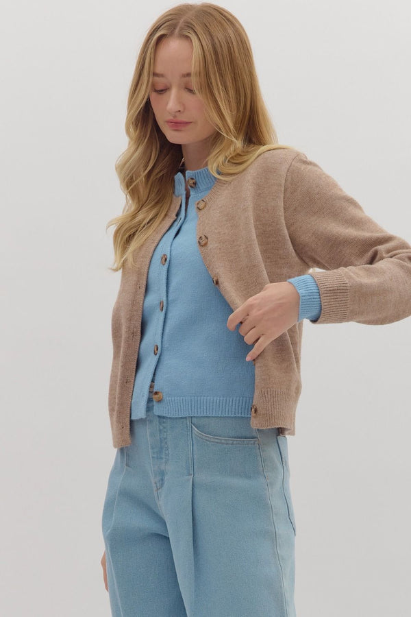 Mocha Knit Cardigan Jacket with Blue Attached Layered