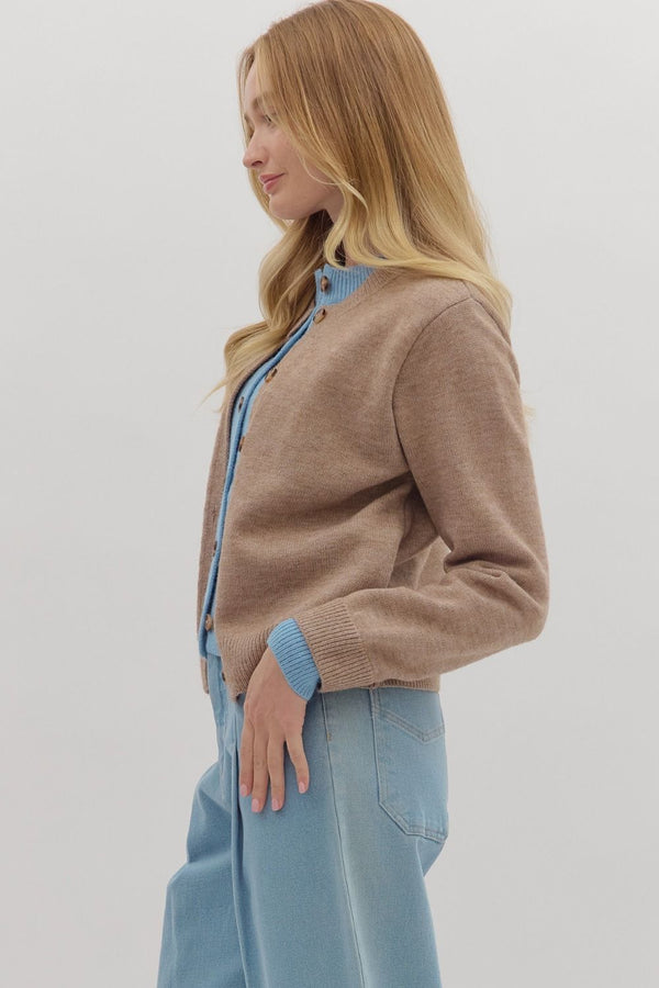 Mocha Knit Cardigan Jacket with Blue Attached Layered