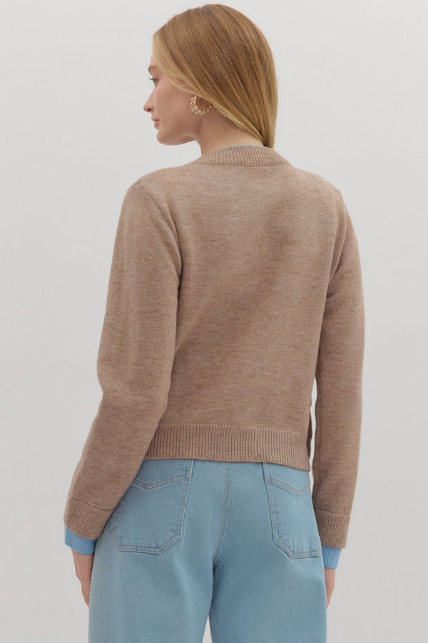 Mocha Knit Cardigan Jacket with Blue Attached Layered