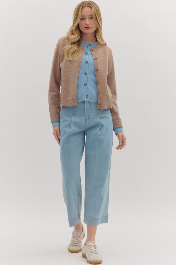 Mocha Knit Cardigan Jacket with Blue Attached Layered