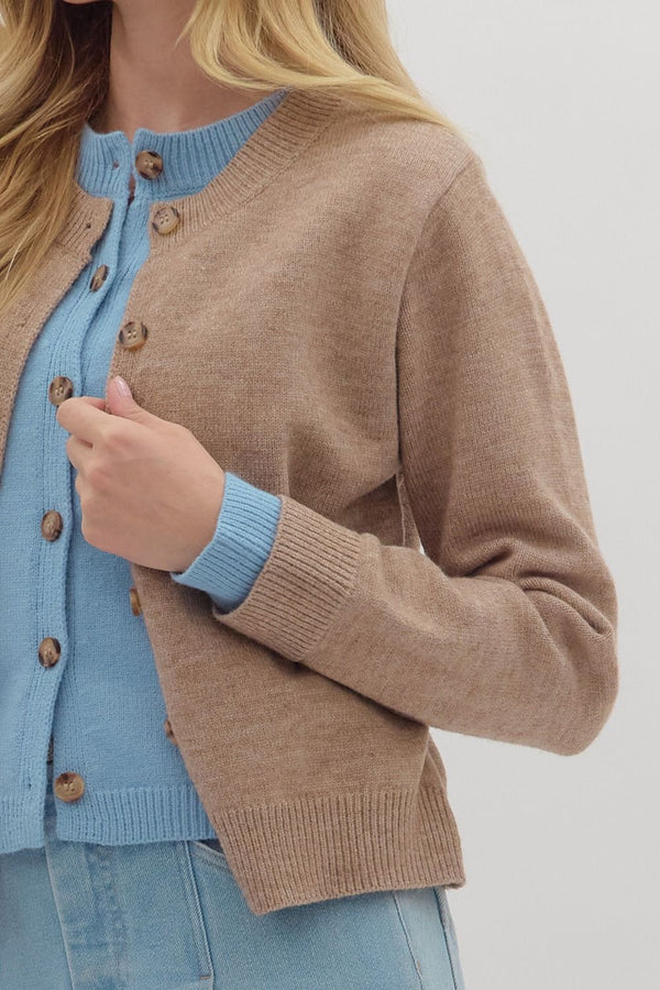 Mocha Knit Cardigan Jacket with Blue Attached Layered