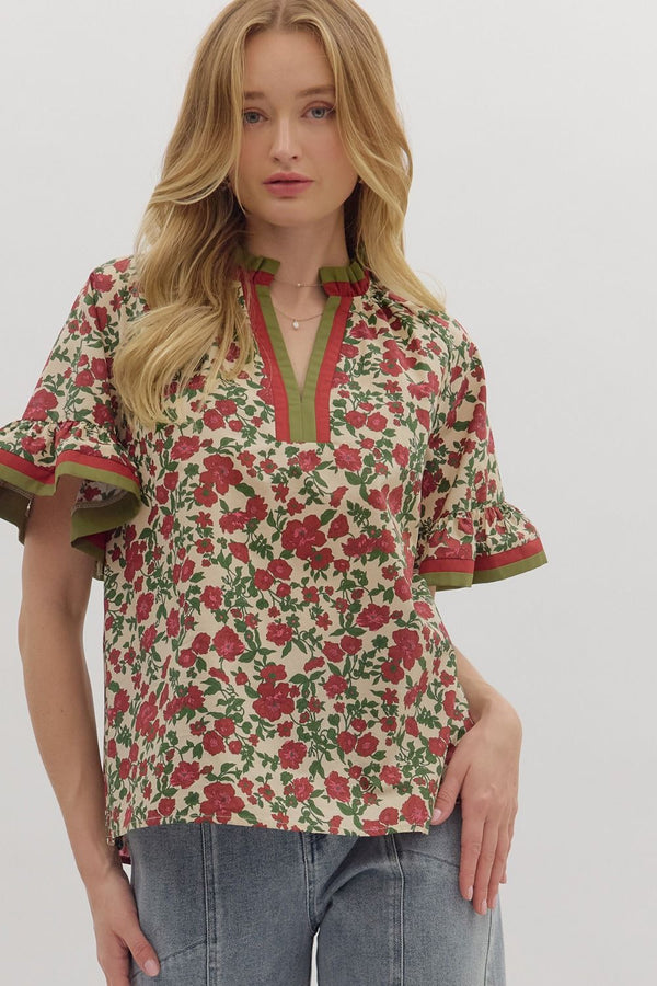 Ecru and Olive Floral Print Short Ruffle Sleeve Top