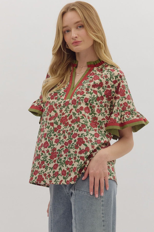 Ecru and Olive Floral Print Short Ruffle Sleeve Top