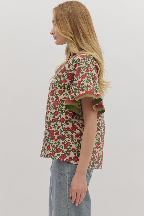 Ecru and Olive Floral Print Short Ruffle Sleeve Top