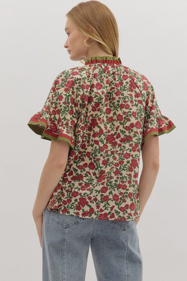 Ecru and Olive Floral Print Short Ruffle Sleeve Top