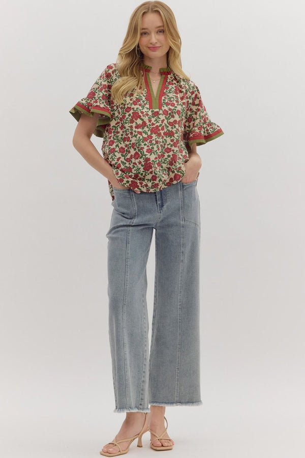Ecru and Olive Floral Print Short Ruffle Sleeve Top