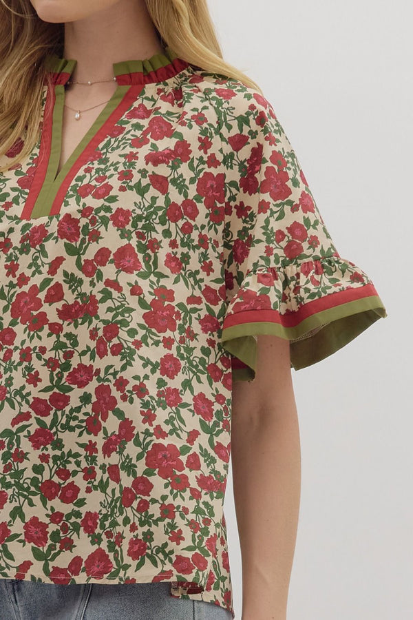 Ecru and Olive Floral Print Short Ruffle Sleeve Top