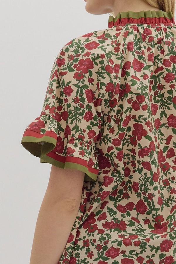 Ecru and Olive Floral Print Short Ruffle Sleeve Top