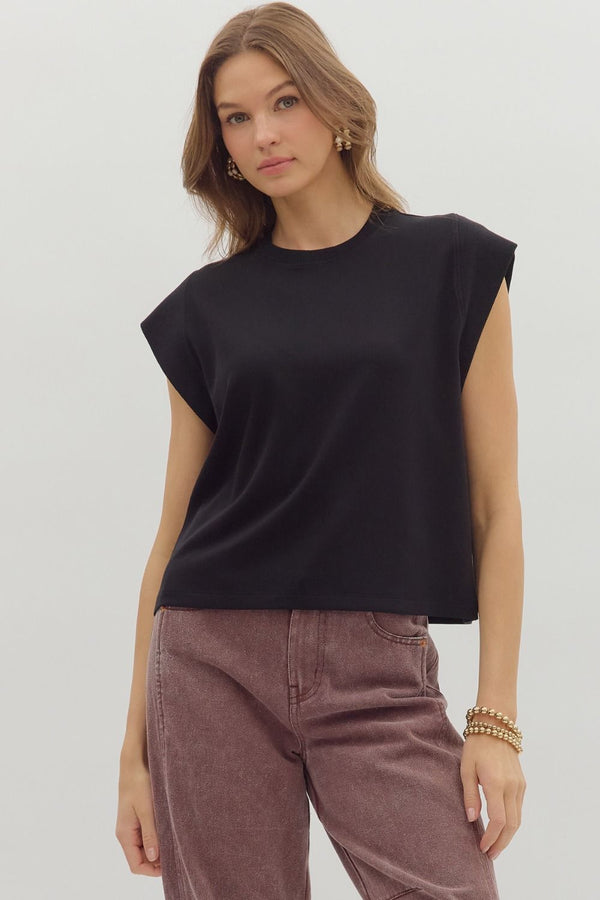 Black Cap Sleeve Crew Neck Top