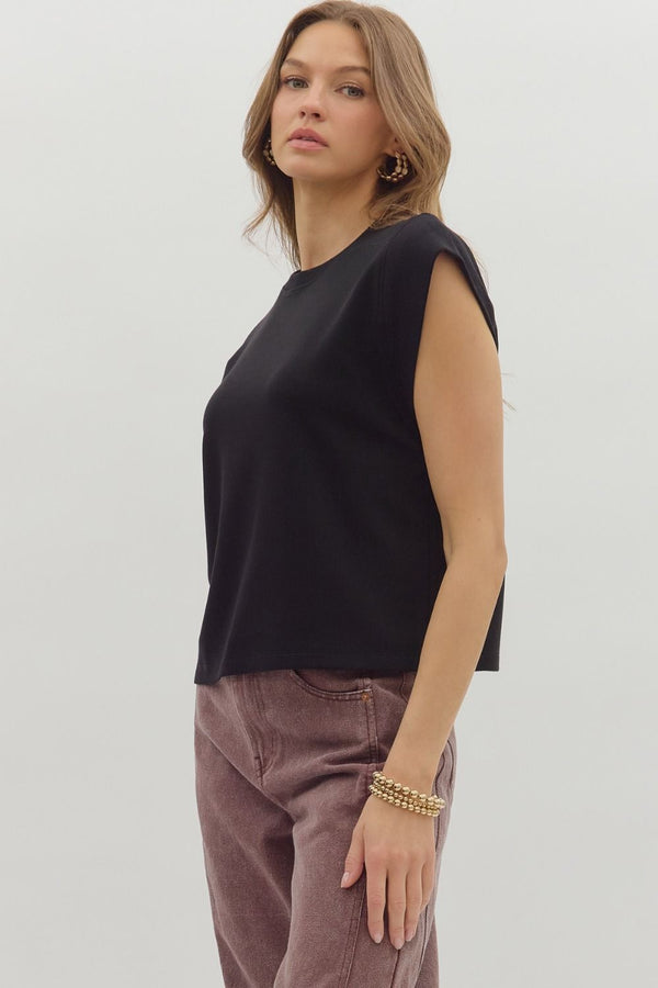 Black Cap Sleeve Crew Neck Top