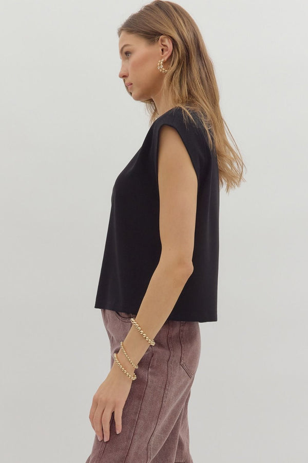 Black Cap Sleeve Crew Neck Top