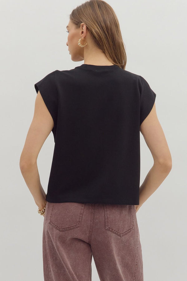 Black Cap Sleeve Crew Neck Top
