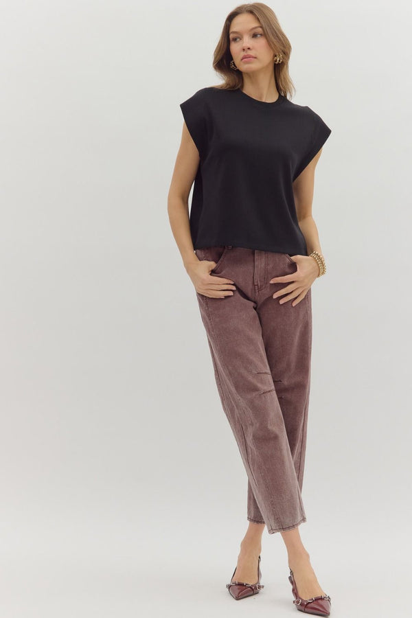 Black Cap Sleeve Crew Neck Top