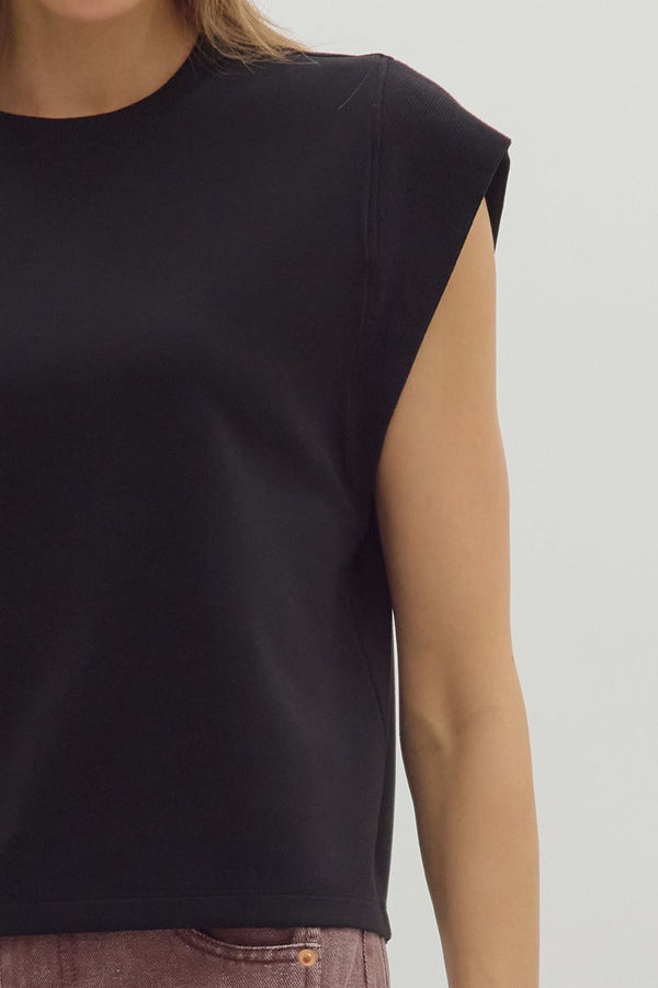 Black Cap Sleeve Crew Neck Top