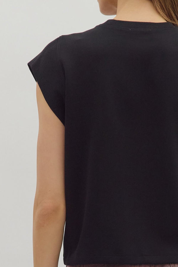 Black Cap Sleeve Crew Neck Top