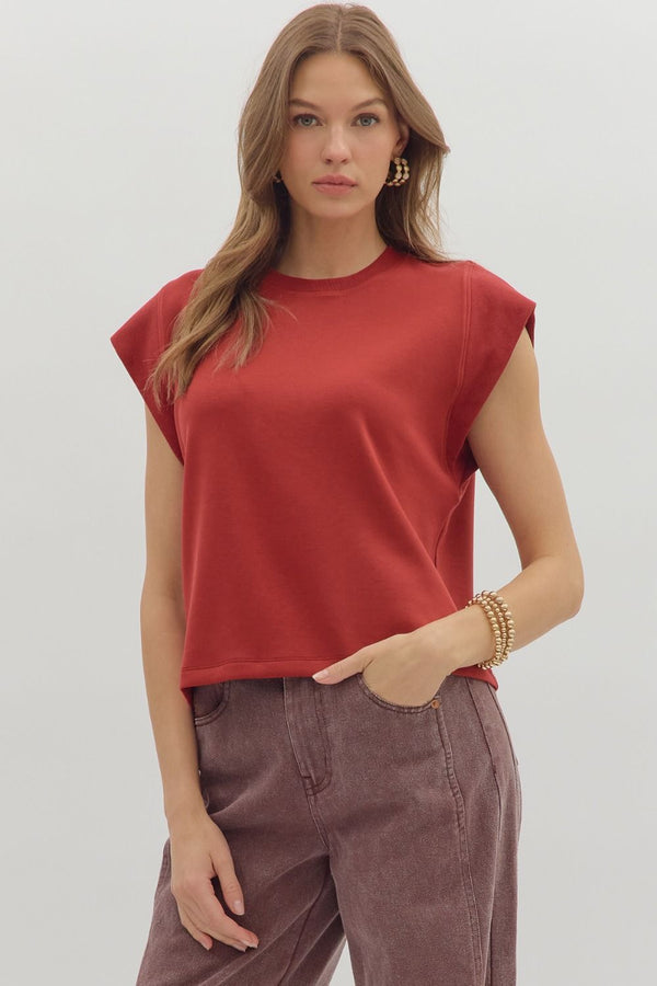 Brick Cap Sleeve Crew Neck Top
