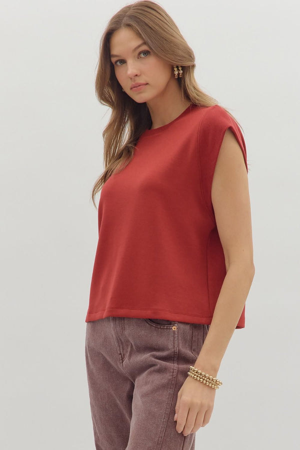 Brick Cap Sleeve Crew Neck Top