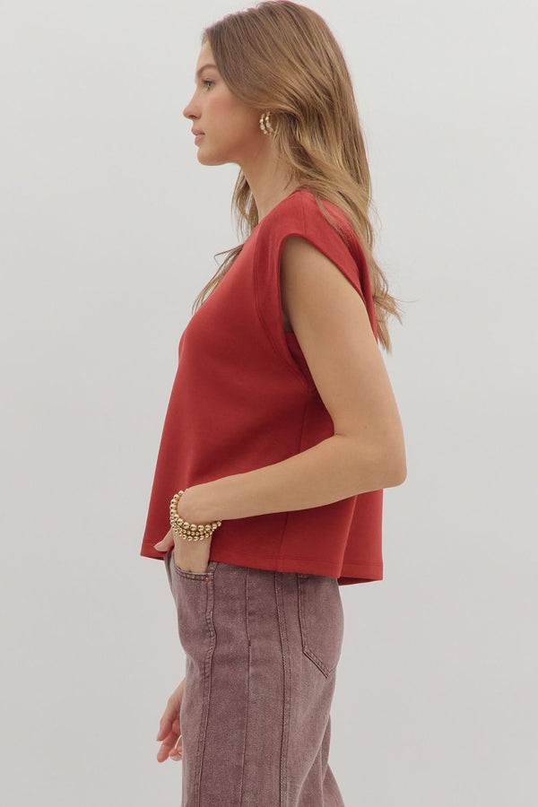 Brick Cap Sleeve Crew Neck Top