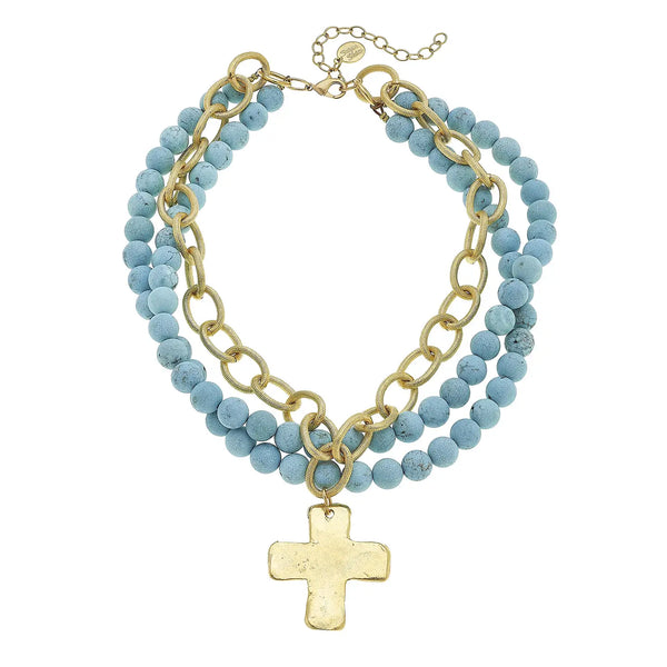 Gold Cross On 3 Row Genuine Matte Turquoise Necklace